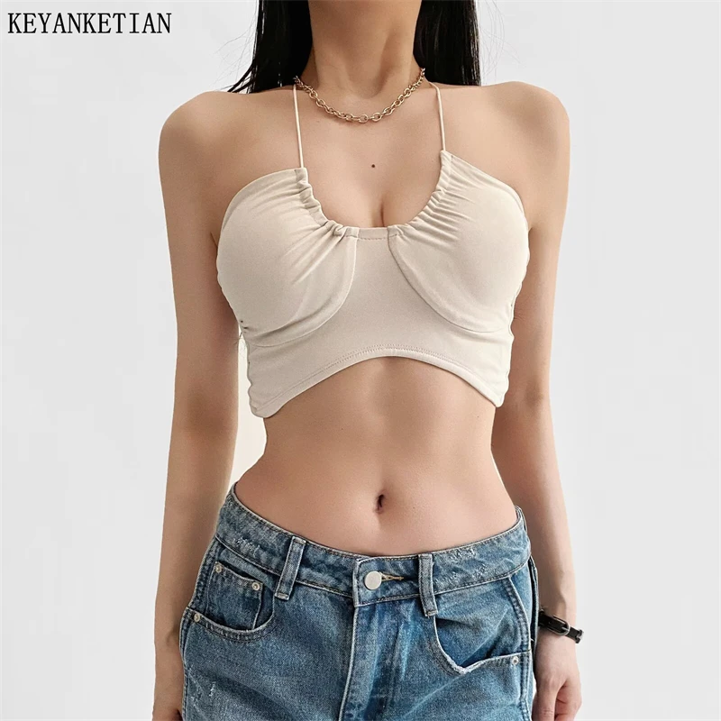 

KEYANKETIAN Summer New Women's Crossed Hollowed-out Backless Halter Breast pad Halter Top Inner Style Crop Vest Camisole Corset