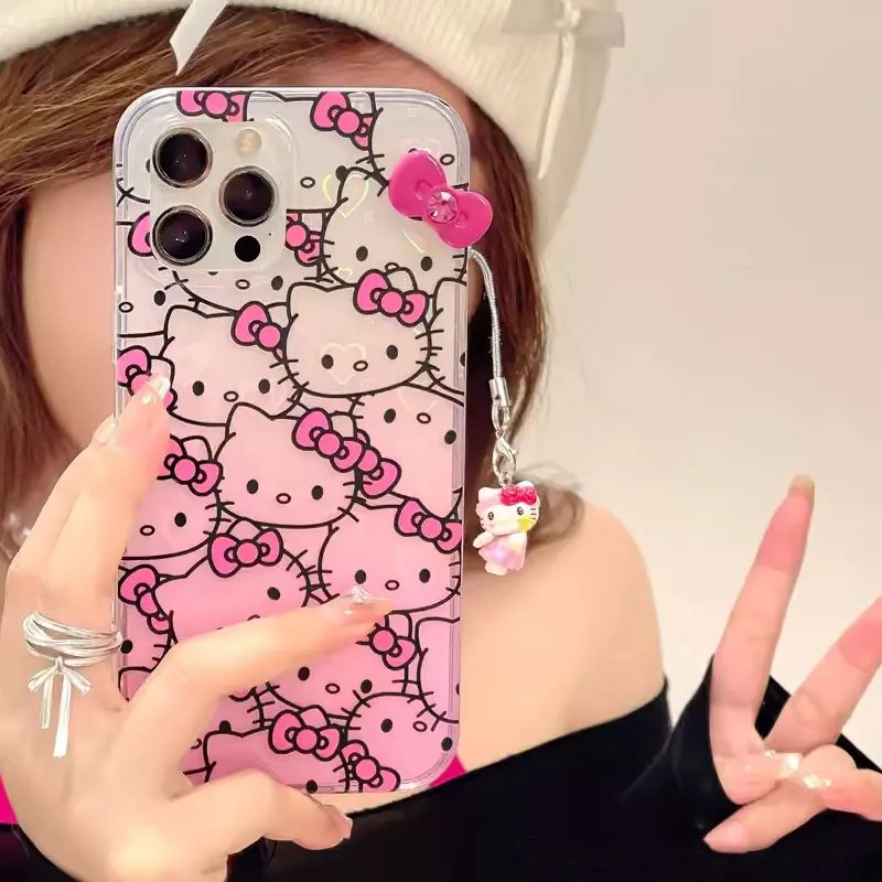 Hello Kitty Full Screen KT Laser Bow Phone Case For iPhone 16 15 14 12 13 11 Pro Max XR XS MAX 7 8 PLUS MINI Y2K Girl Pink Cover