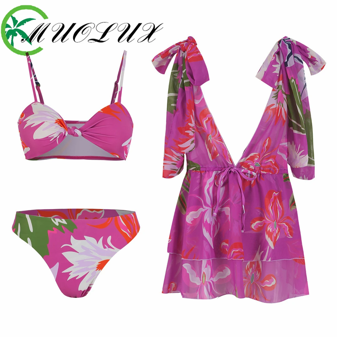 

MUOLUX Sexy Bikini Mesh Skirt 3-Piece Set 2024 Summer New Seaside Vacation Printed Split Women's Swimsuit Monokini Swimwear Set