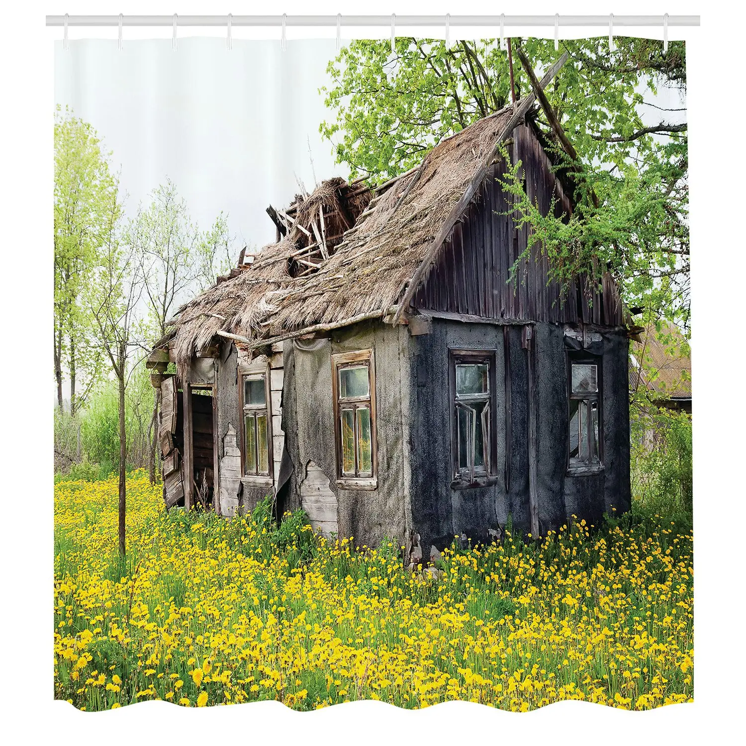 Rustic Abandoned House in Yellow Wildflower Field Shower Curtain Bathroom Decor Waterproof Print