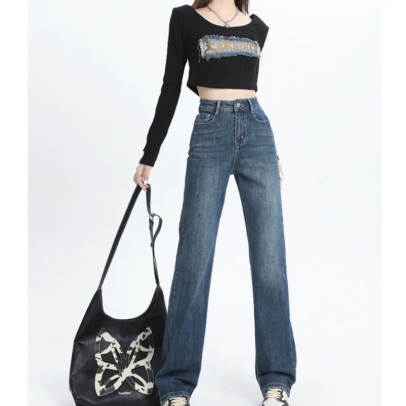 New Exquisite High Waisted Straight Leg Jeans for Women Sweet and Slimming Slim and Drooping Narrow Version Straight Leg Pants