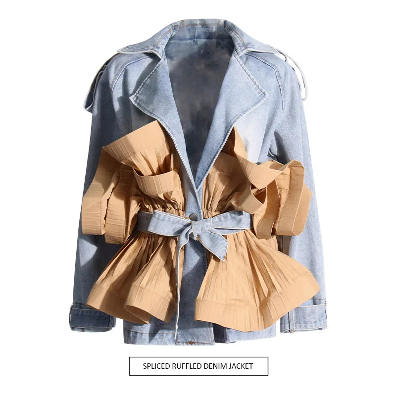 

SuperAen 2024 Autumn New Office Lady Design Contrasting Color Patchwork Ruffled Denim Jacket Coat