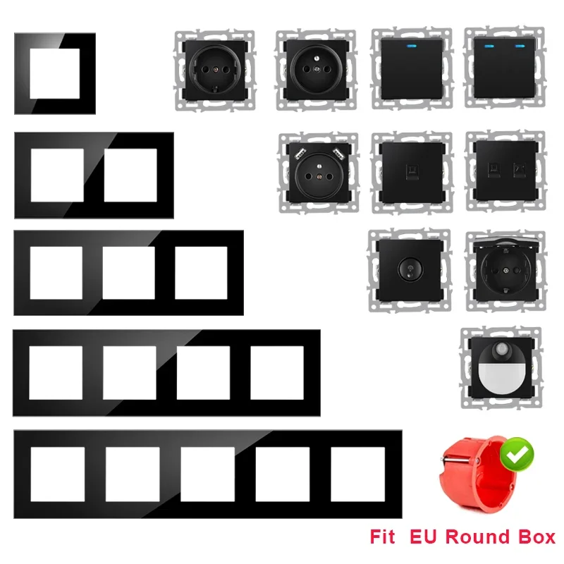 NYWP wall-mounted module diy European standard black tempered crystal glass panel socket switch button function free combinatio