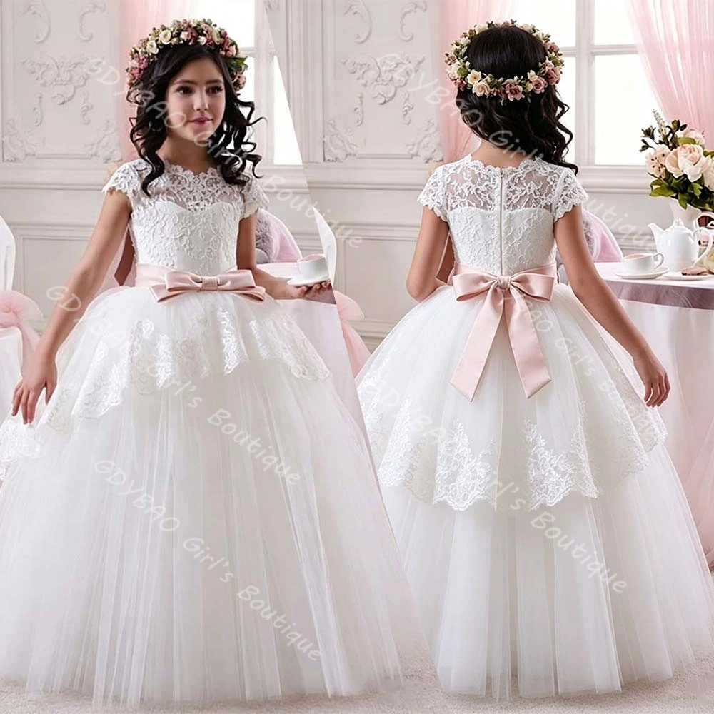 Customized Lace Wedding Dress for Flower Girls Tiered Tulle Tutu First Communion Dress with Sashes Kids Birthday Party Ball Gown