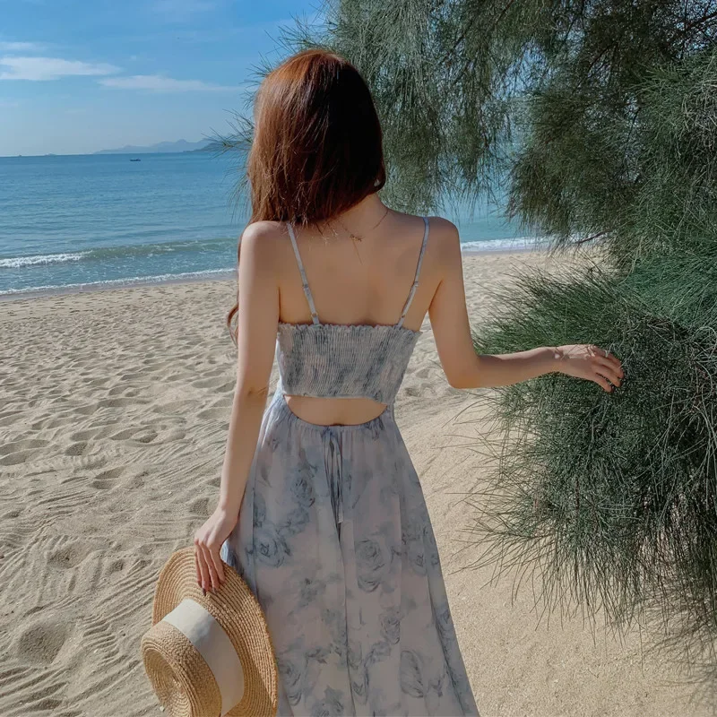 

New Summer Holiday Bohemian Floral Suspender Dress Sexy Backless Midi A Line Strap Dress Sleeveless Slash Neck Seaside Dress