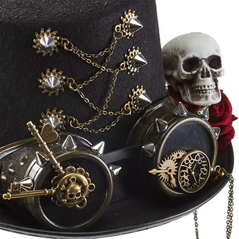 652F Punk Hair Hat Steampunk Top Hat with Rose Skeleton Carnival Cosplay Top Hat