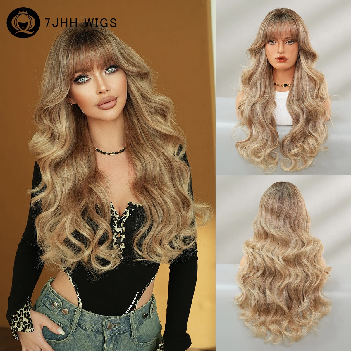 7JHH WIGS Lange Wasserwellen-Perücke in Goldbraun für Damen, Synthetische Modische Hitzebeständige Perücke mit Glattem Pony