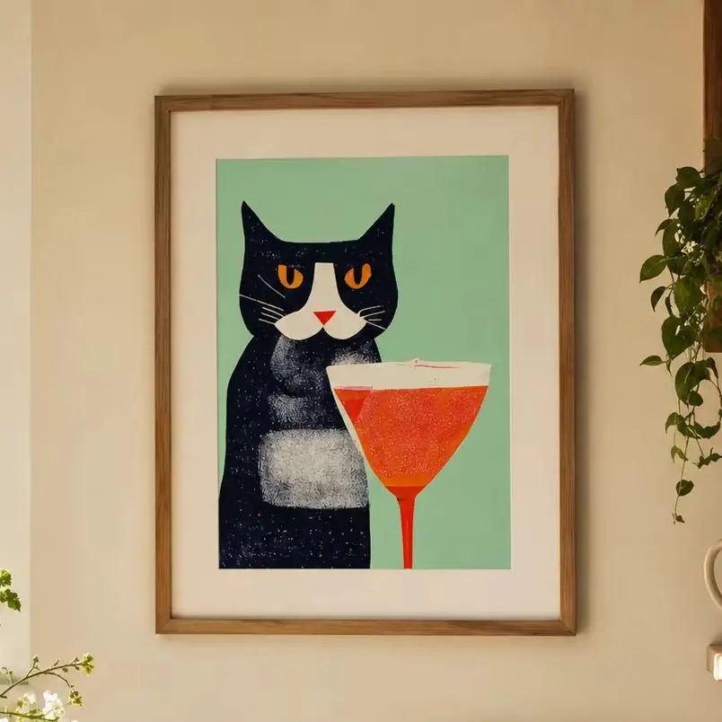 Sip Cocktail Cat Turquoise,Canvas Wall Print,High‑Grade Home Decoration Artwork for Bedroom,Living Room,Office & Interior Space
