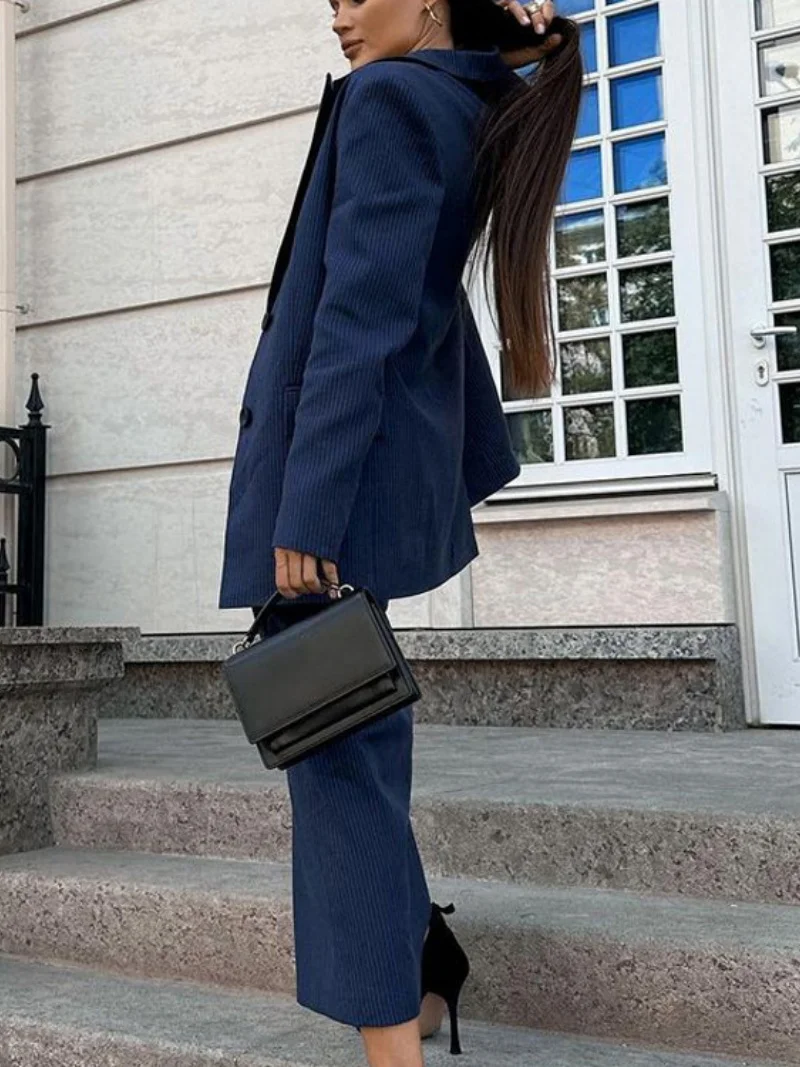 Elegante gestreifte 2-teilige Sets Frauen Outfit Herbst Kleidung Frauen Langarm Blazer Top + Rock Sets OL Stil zweiteilige Kleid Sets