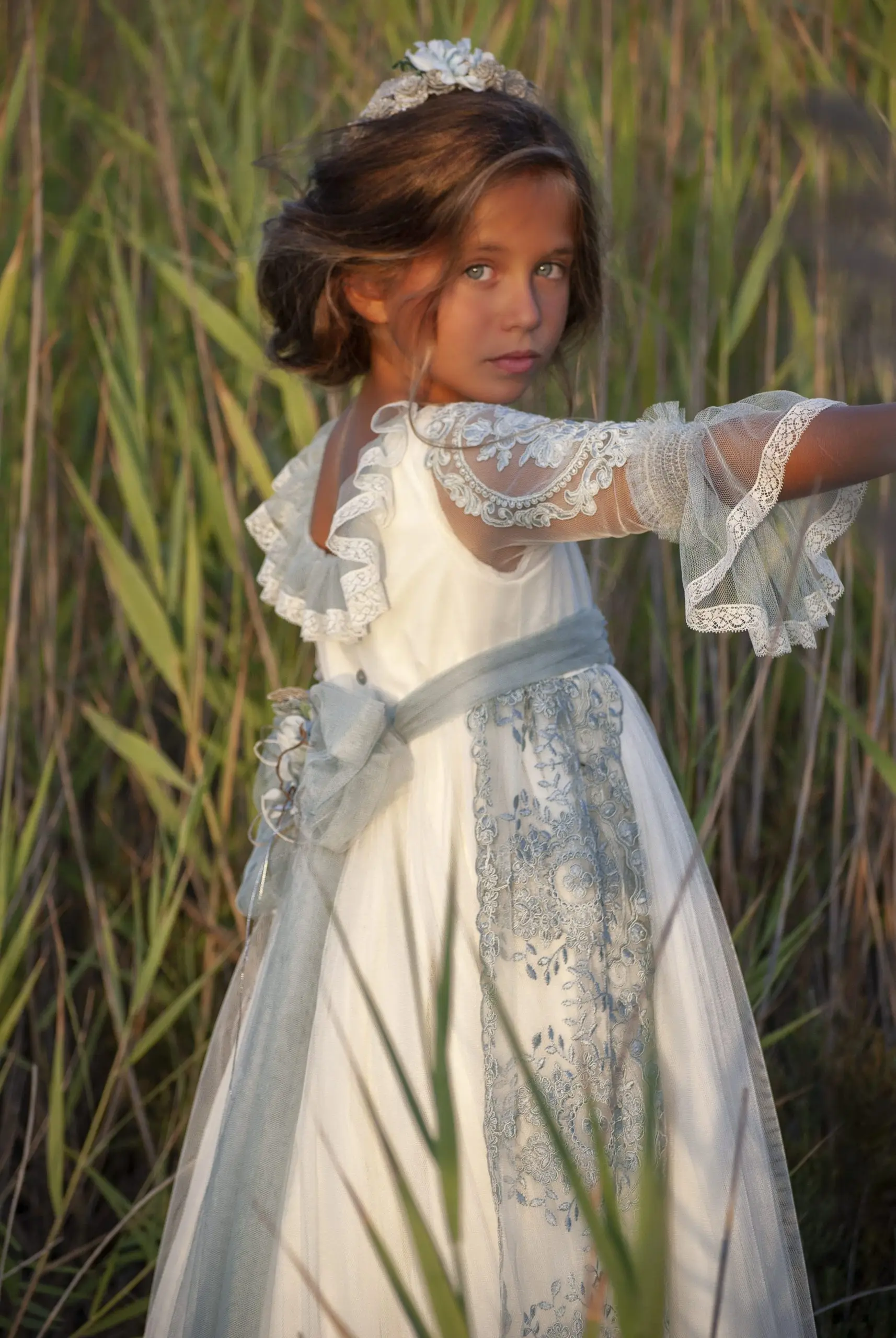 Bohemian Fairy Girl Communion Dress Bow Half Transparent Sleeved Square Collar Neckline Double Layered Embroidery