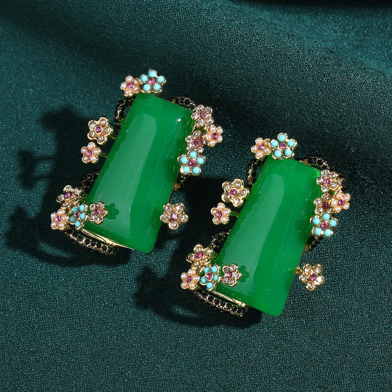 

Vintage Rectangle Green Agate Stud Earrings Antique Gold Plated Petals Unique Retro Designer Jewelry Luxury 2026 Festival Gifts