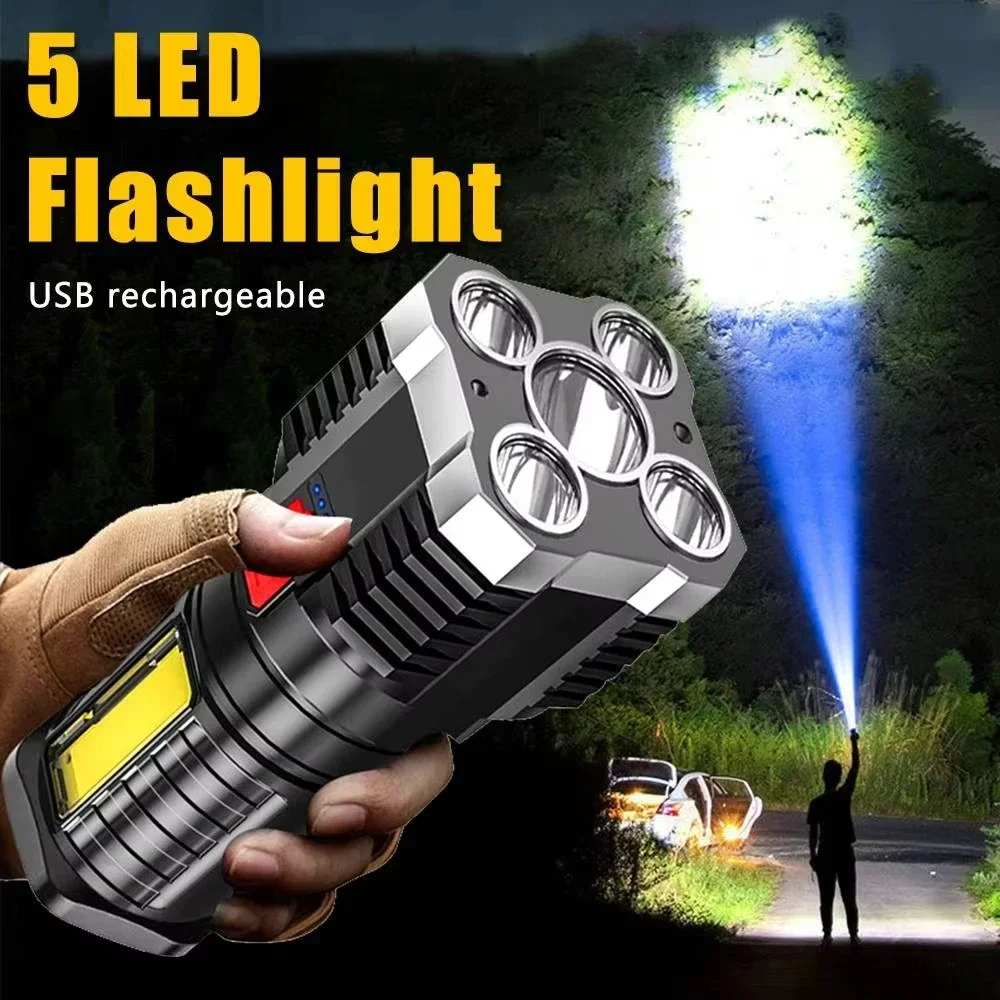 

5LED High Power Led Flashlights Rechargeable Camping Spotlight With Side Light 3 Lighting Modes Camping Adventure Hat clip