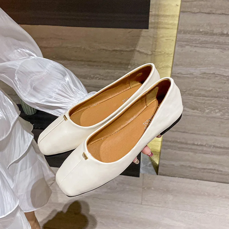 Size35-43 Women Flats Shoes Square Toe Concise Loafers Soft Sole Leisure Boat Shoes Low Heel Pumps PU Leather Office Shoes