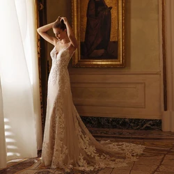 Elegant Wedding Dresses for Bridal V Neck Sleeveless A-Line Bridal Growns Appliques Backless Sweep Train свадебное платье 2023