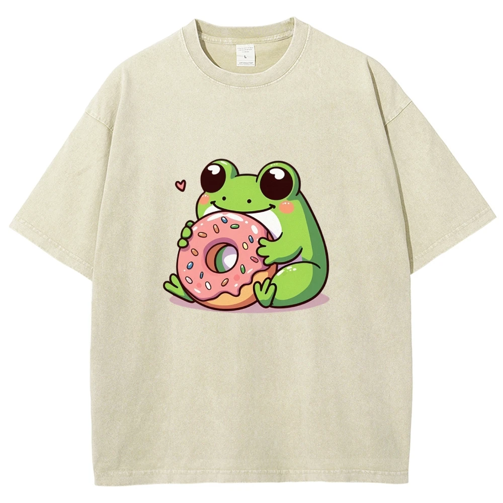 

Футболка с принтом пончика и лягушки, модный повседневный топ из стираного хлопка, женская удобная уличная одежда с круглым вырезом большого размера