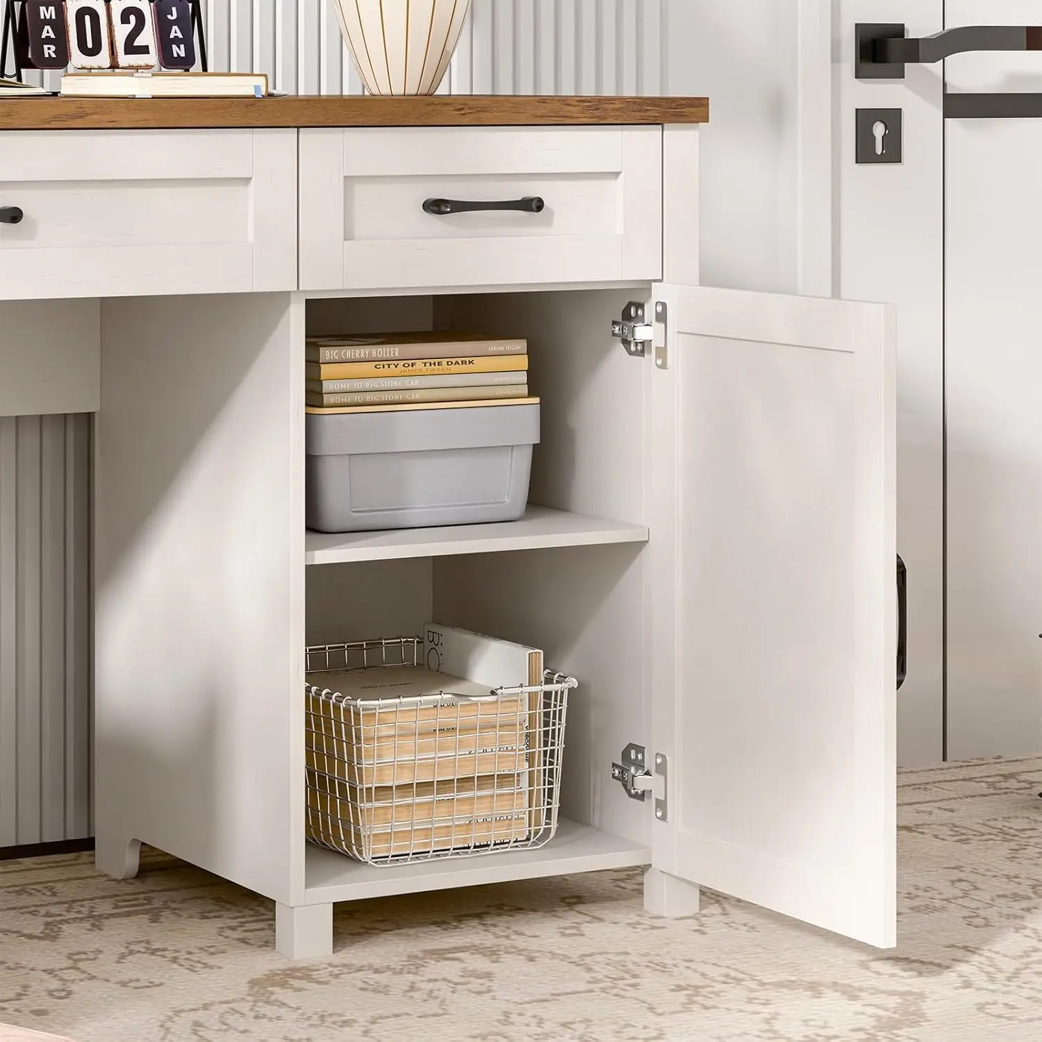 مكتب تنفيذي للمزرعة مقاس 61 بوصة مع 5 أدراج، ومحطة عمل خشبية ريفية للمكتب المنزلي، ومحطة شحن وتخزين