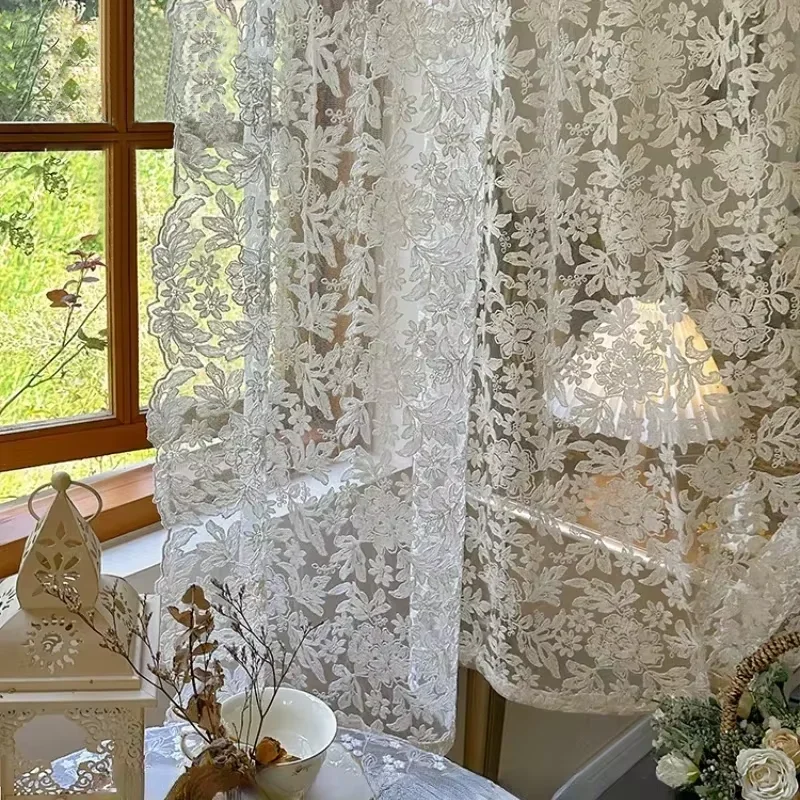 French Curtains Lace Gauze for Living Room  Cream Retro Wavy Edge Bedroom Bay Window Girl Embroidery Curtain Door Decor Custom