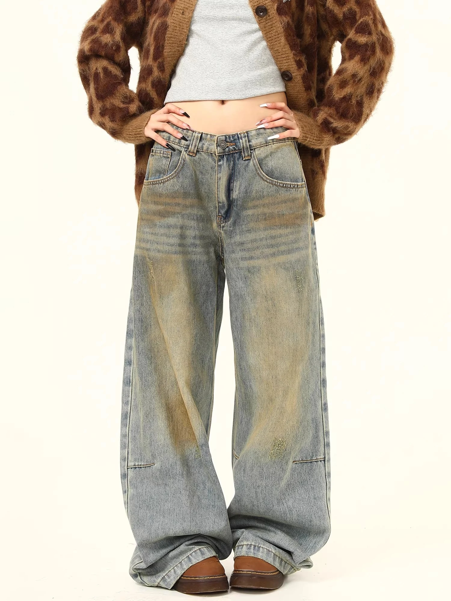 Retro High Waist Wide Leg Jeans Men Women Casual Straight Washed Loose Street Dance Denim Pants Blue Pure Color All Seasons