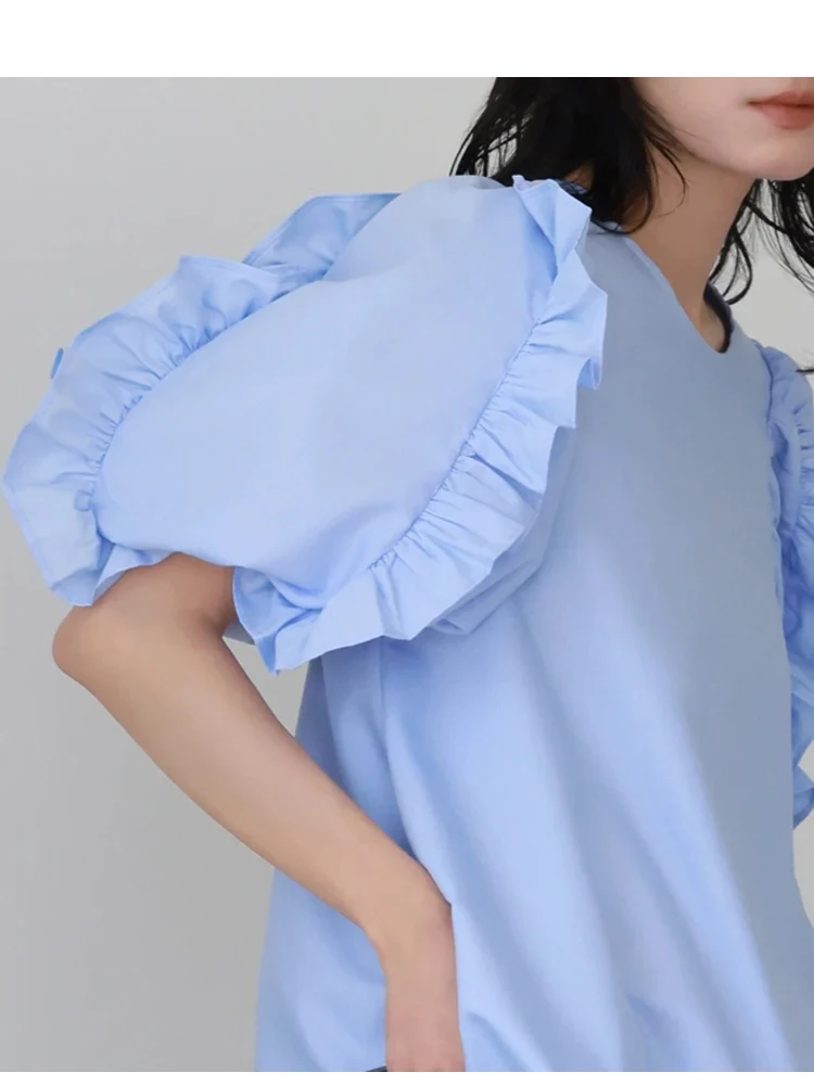 Puff Sleeve Stylish O-neck Loose Female Pullovers Blouses Spring Summer Fashion Short Sleeve Ladies Blouses Shirts Women Tops