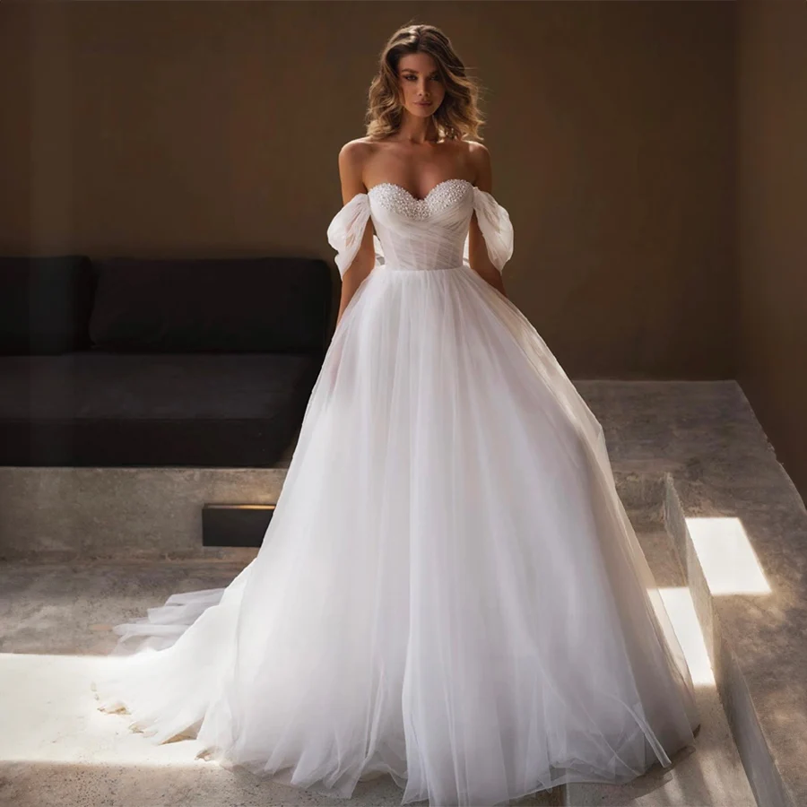 

Sweetheart With Peals Cap Sleeve Tull Evening Gowns A-line Backless And Zipper Custom Made Wedding Bridal Gowns