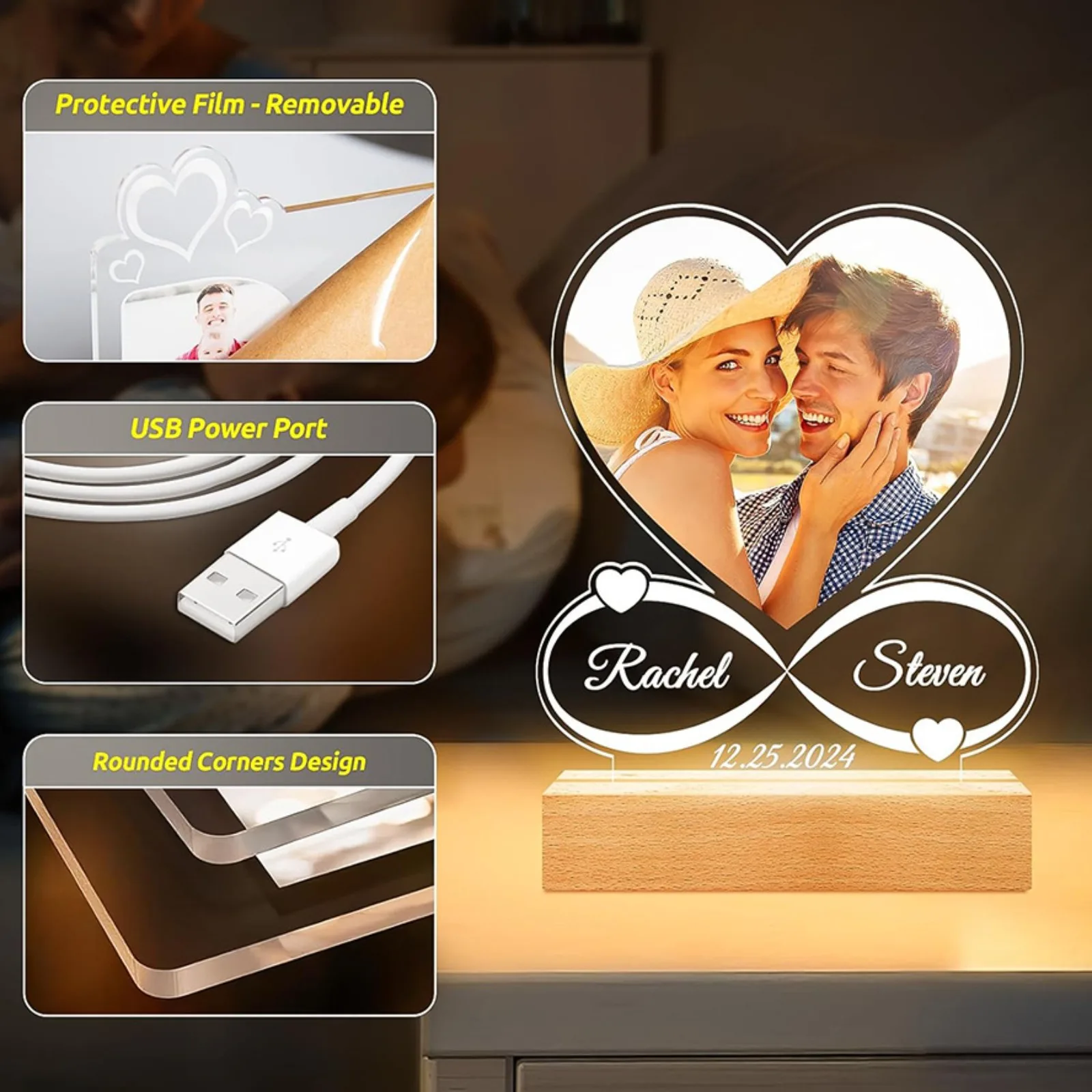 Personalized Photo Frame,Night Light Customized Picture Text Lamp Wedding Valentines Day Gift Text Engraving Gift