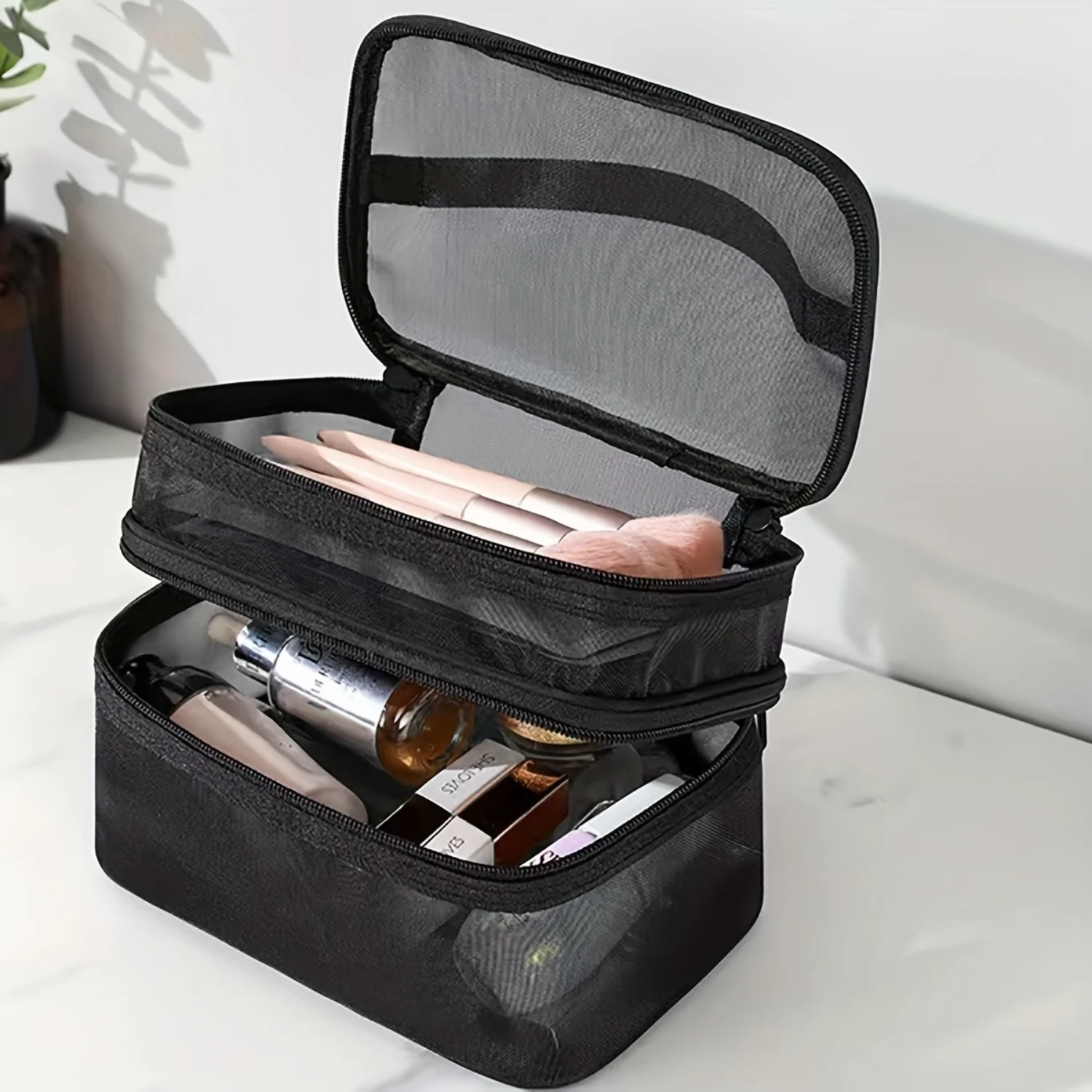

Double Layer Clear Mesh Cosmetic Handbag, Lightweight Toiletry Wash Travel Bag, Multifunctional Makeup Organizer