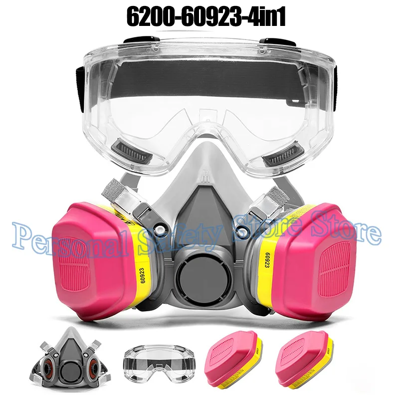 6200 Respirator Mask with Filters 60923 Half Face Cover with Anti-Fog Goggle Paint Mask for Gas/Chemicals/ Epoxy Resin/Asbestos