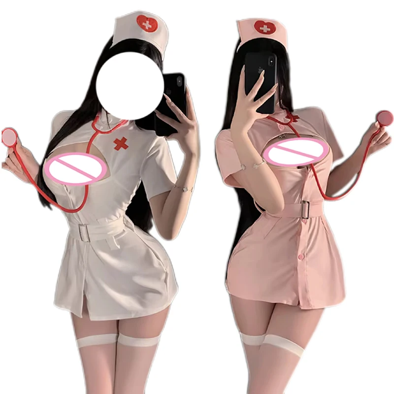 

Sexy Nurse Costume Uniform Cosplay Hollow Dress Pink Kawaii Doctor Role Play Seduction Set Lingerie Pajamas Costume For Women
