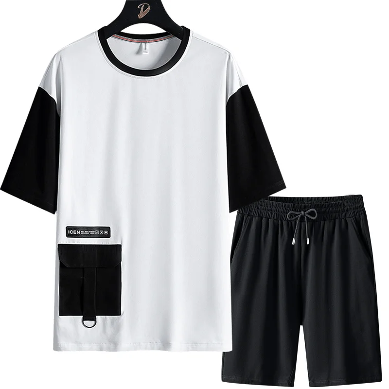 

Patchwork Summer Black White Men's T-shirts Set Hip Hop Streetwear Oversized Tracksuits Men Harajuku Big Pockets Sweat Suits 8XL