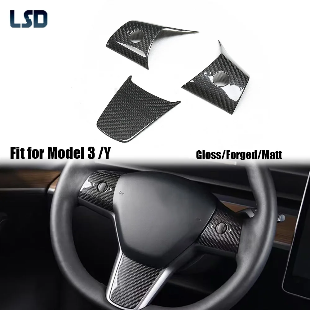 

3Pcs For Tesla 2017-24 Model 3 Y Dry Carbon Fiber Steering Wheel Cover Trim Sticker Add on Matt Forged
