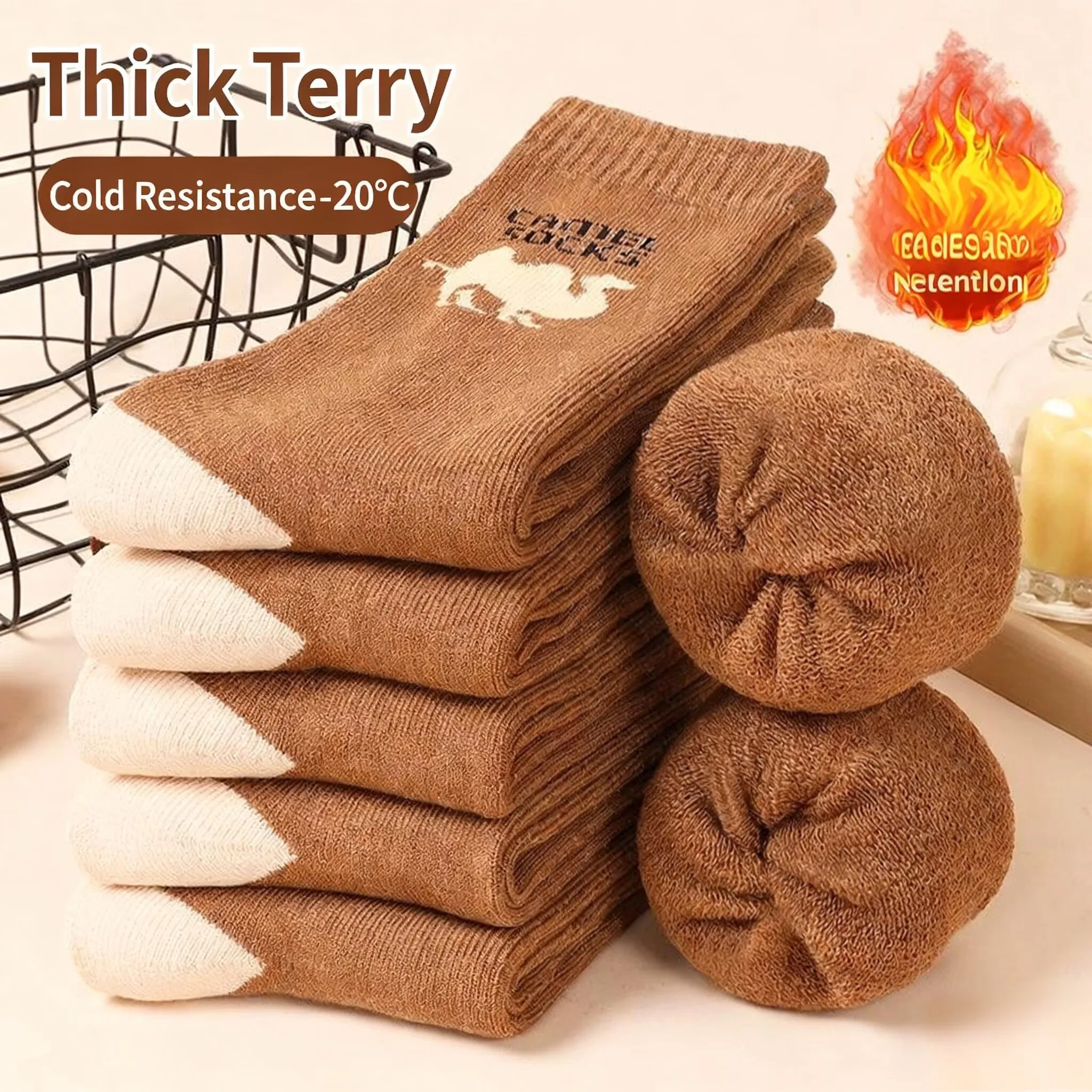 

5Pairs Men's Mid-Length Wool SocksAutumn Winter Thick Warm Long with Fleece Cold Resistant OutdoorSoft Fashionable Simple Design