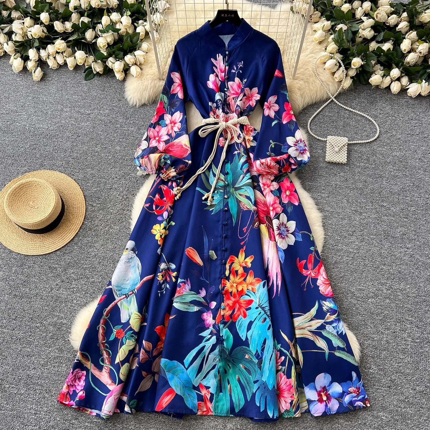 Autumn Bohemian Luxious Print Robe Dress Flower Linen Clothing Women's Stand Long Lantern Sleeve Belt Buttons Down Maxi Vestidos