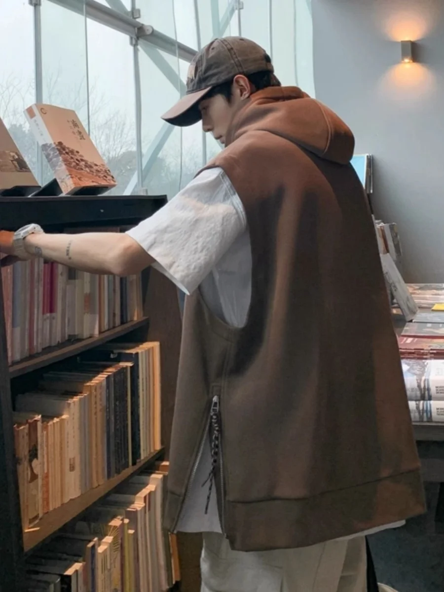 

plus Size American Retro Hooded Vest Men's Summer Letter Print Svel Jaet Trendy Loose Fit Youth ular Casual Wear