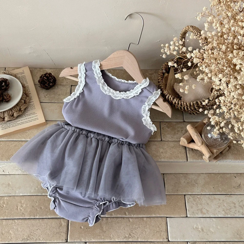 

Baby Sleeveless Clothes Sets 2026 Summer New Toddler Girls Clothing Set Lace T Shirts +Mesh Shorts 2Pcs Suit Infant Vest Outfits