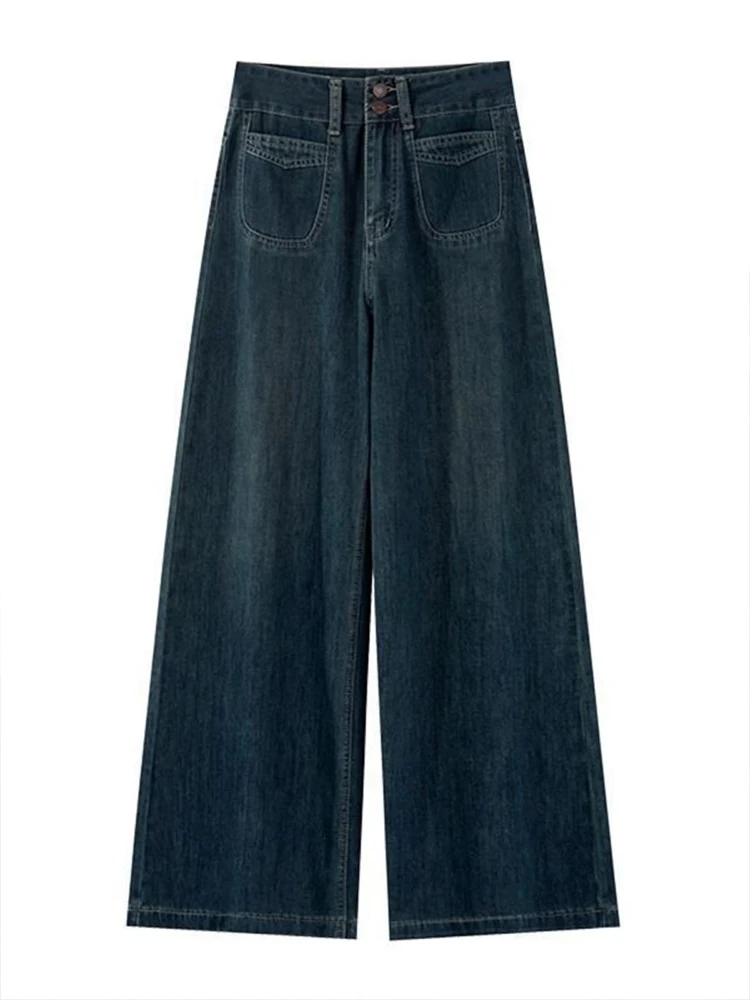 Cintura alta perna larga denim jeans feminino verão solto emagrecimento drapeado em linha reta até o chão calças vintage duplo bule