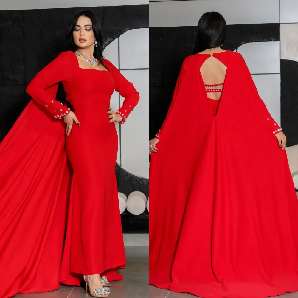 Customized Jersey Sequined Ruched Christmas A-line Square Neck Bespoke Occasion Gown Long Dresses