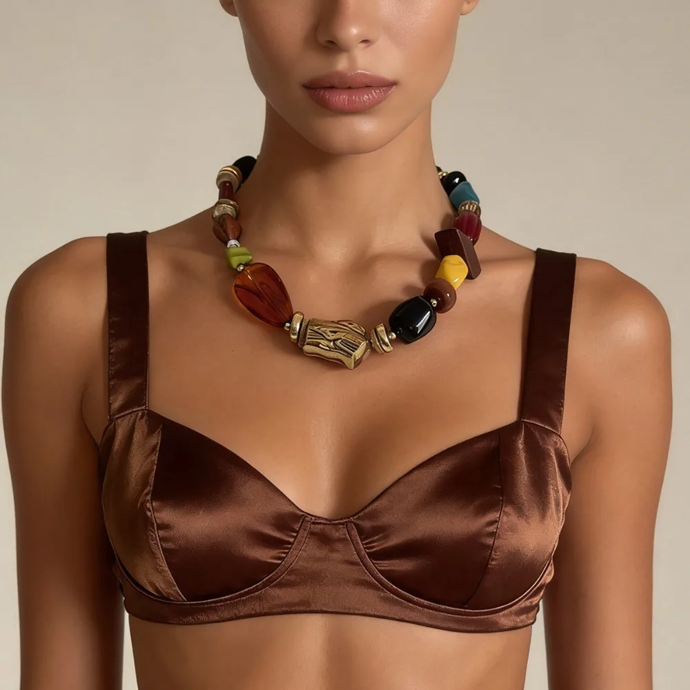 Summer Ocean Style Boho Multicolor Irregular Resin Beaded Statement Necklace for Women 2026 New Style