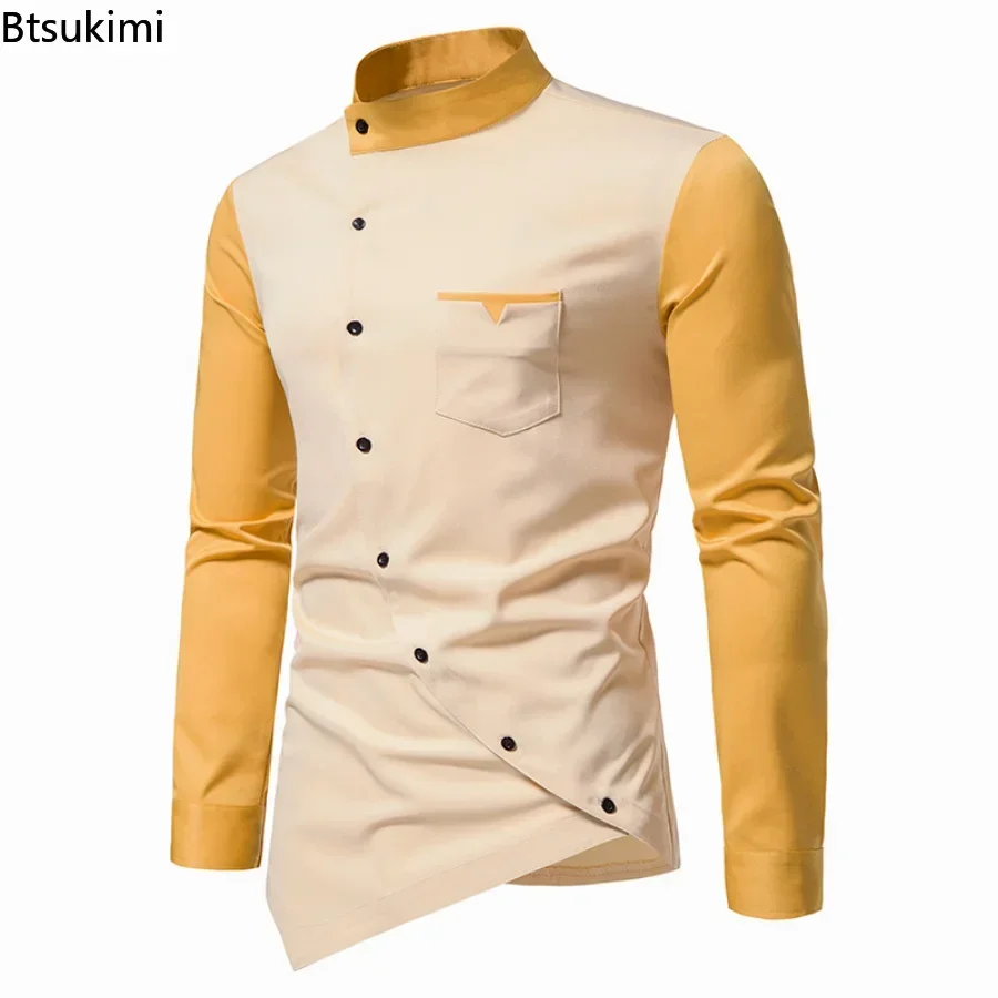 2026 Men's Casual Shirts Patchwork Irregular Oblique Button Long Sleeve Men's Dress Wedding Business Shirt Tops Chemise Homme