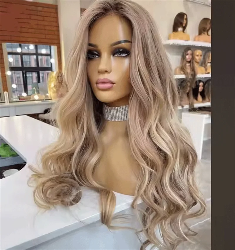 

Выделите медовый блондин синтетические парики спереди для женщин длинные объемные волны реалистичный вид парик шнурка термостойкие ежедневное использование