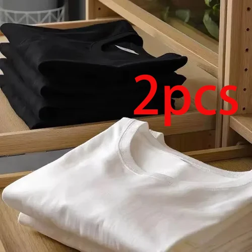 2 uds camiseta de Color sólido 100% algodón hombres mujeres blanco cuello redondo suelto de manga corta modelos básicos todo-fósforo camiseta pareja Tops negro