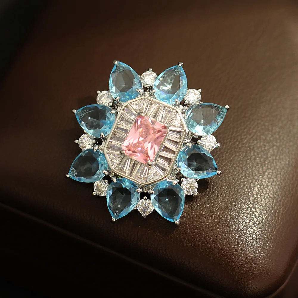 Luxury Pink and Blue Gemstone Sunflower Pendant Brooch Ladder Square Diamond Niche Design Suit Pin Accessories for Women