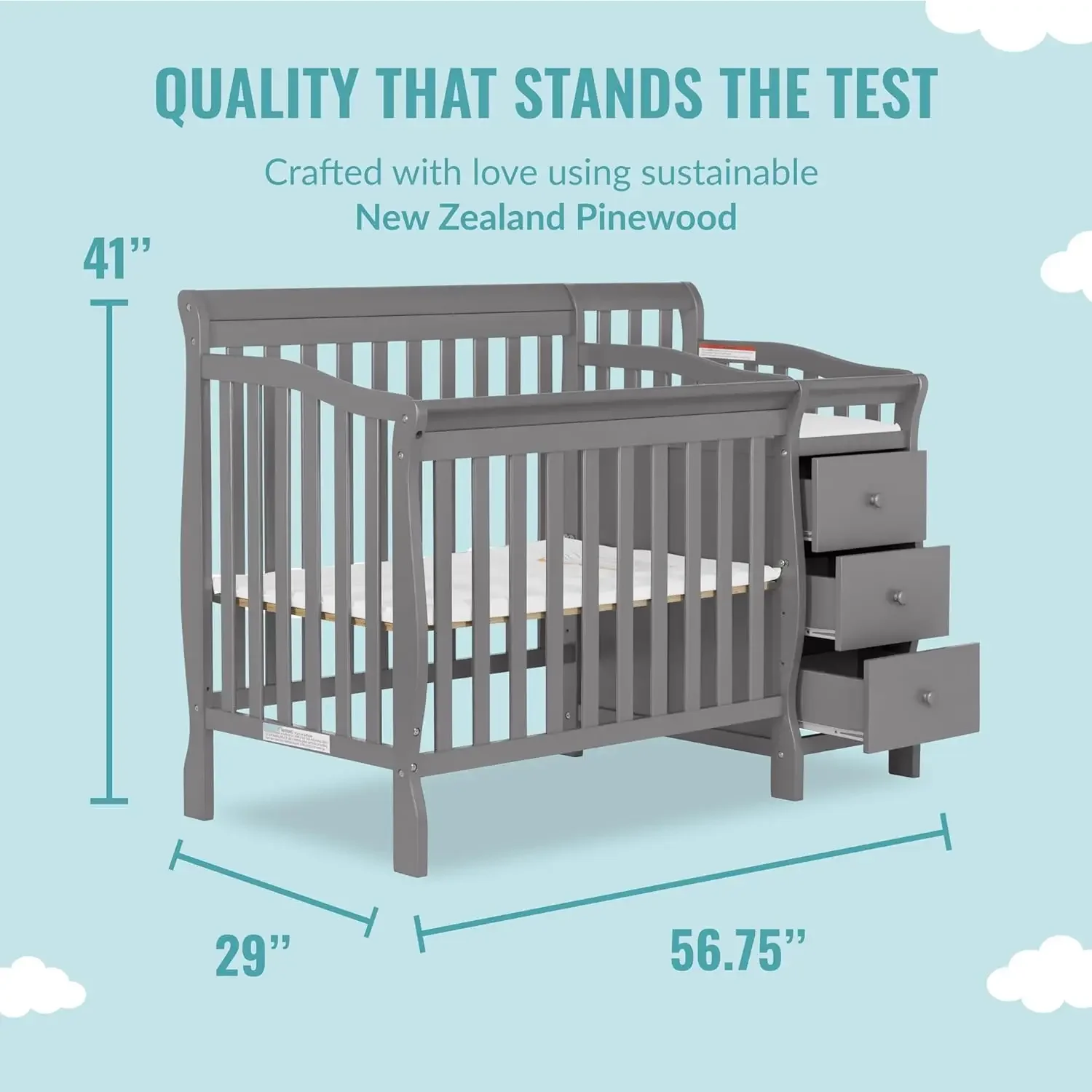 Sonhe em mim Jayden Mini berço conversível, 4 em 1 Changer em Storm Grey, Greenguard Gold Certified, acabamento não-tóxico