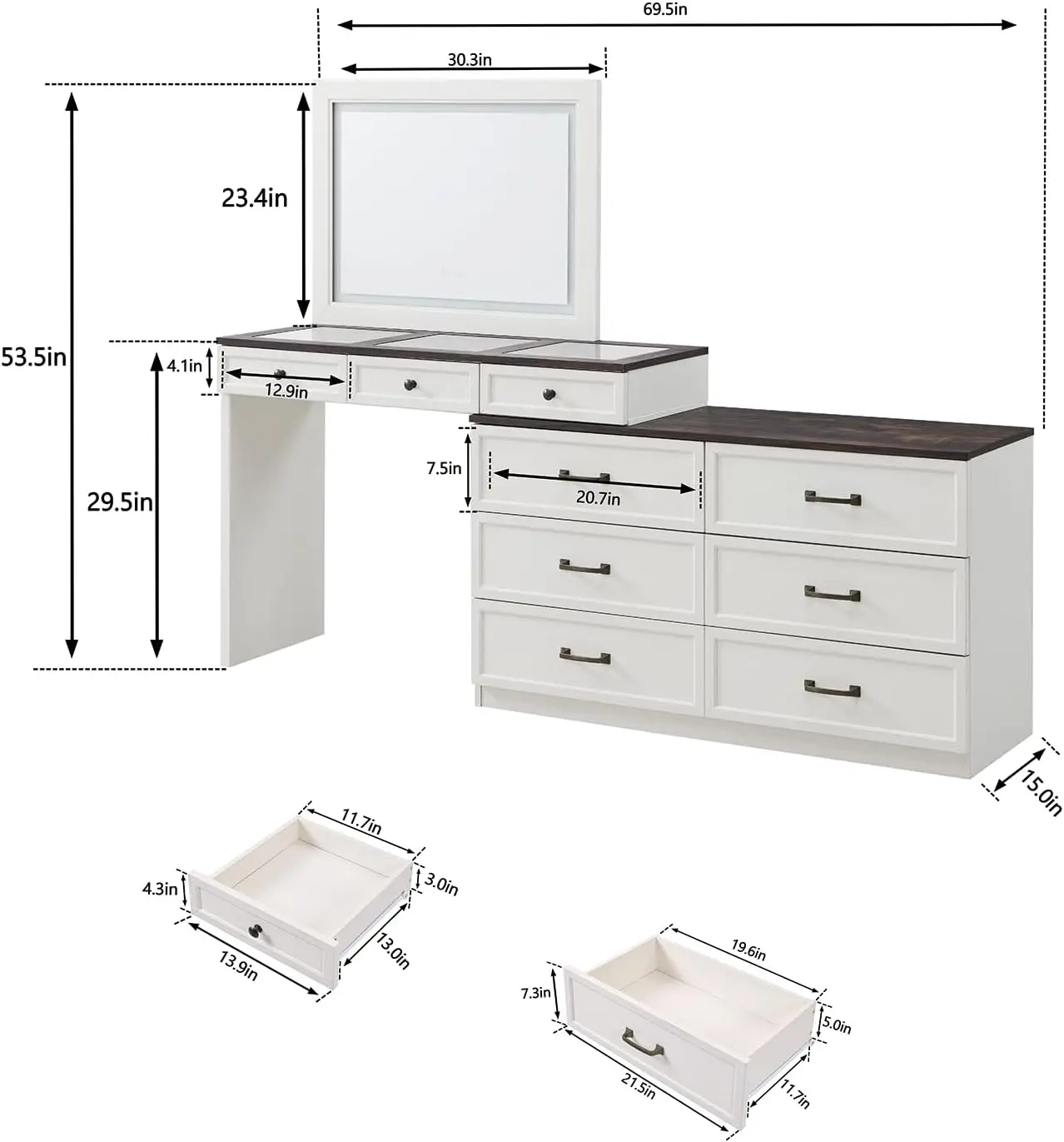 Vanity Desk with Glass Top, Farmhouse Makeup Table with 9 Large Storage Drawers, Rustic Wood Bedroom