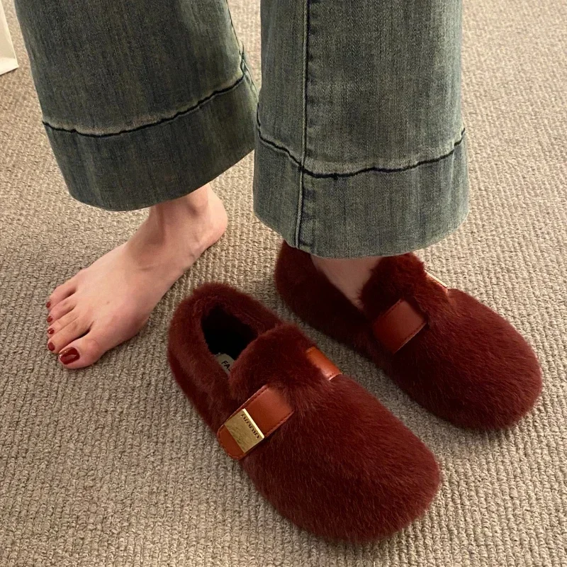 Winter Women Elegant Ballet Flat Soft Fluffy Ladies Plush Shallow Loafers Buckle Strap Fur Mary Jane Shoes Cosy Modis Slip On
