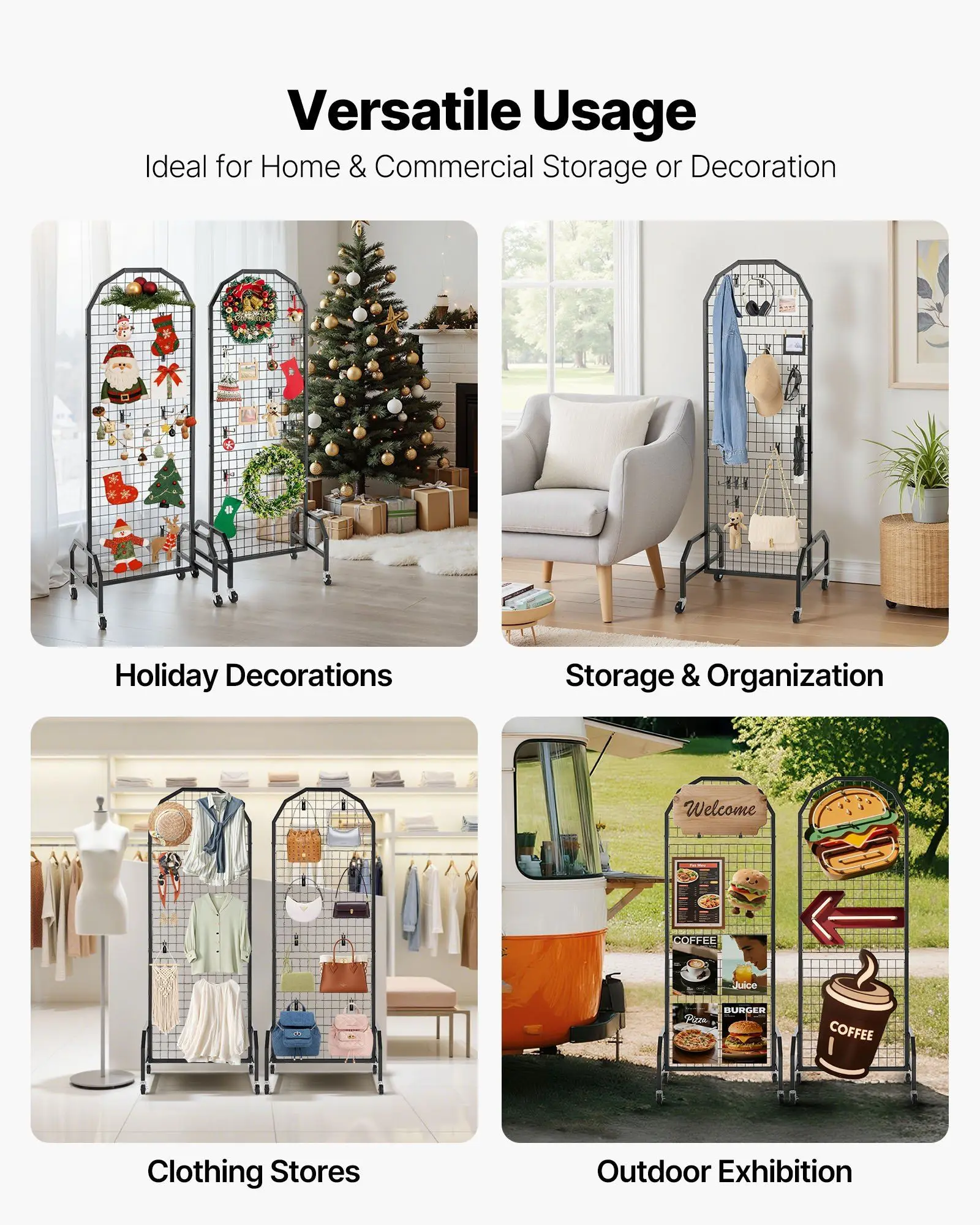 2-Pack Grid Wall Panels 1.9x5.4ft Heavy-Duty Steel Gridwall Display w/ Wheels & 20 Hooks Mobile Rack for Retail Store Craft Show