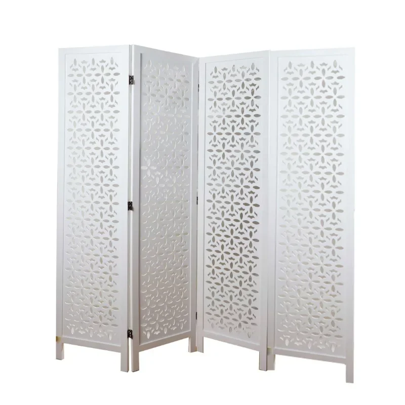 White color Movable Partition Wall wood carved design Rattan Handcraft Room Divider Screen customized