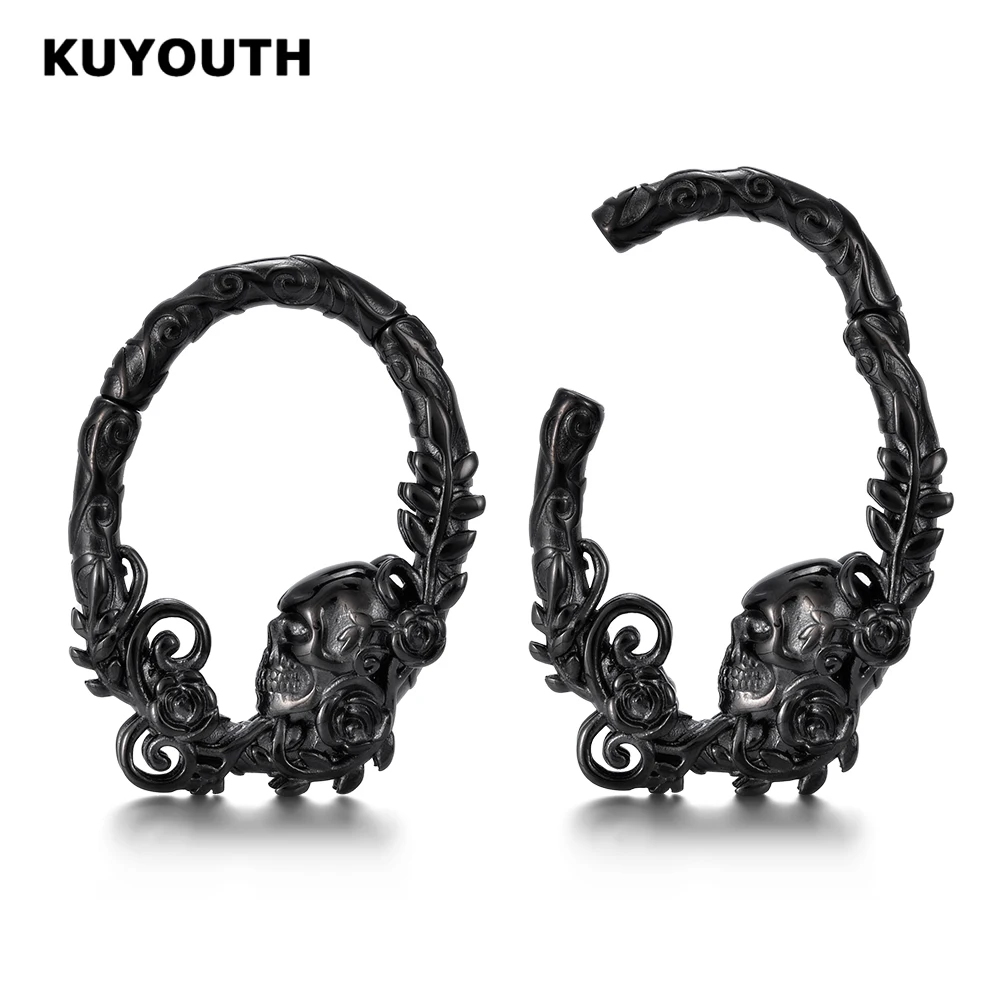 

KUYOUTH Stainless Steel Retro Skull Flower Ear Weight Magnet Stretchers Piercing Body Jewelry 2PCS