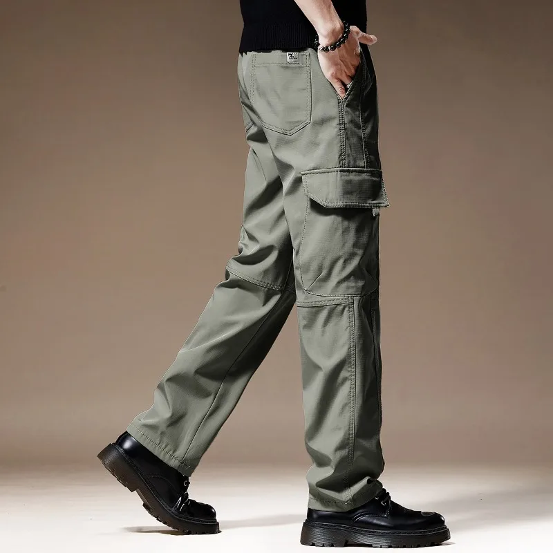Men Elastic Waist Cargo Pants Rip Stop Multi Flap Pockets Straight Trousers Lightweight Wear Resistant Outdoor Hiking Work - view 4