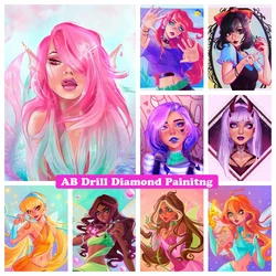 Sweet Purple Pink Cartoon Girl AB Drills Diamond Painting Rhinestones Fantasy Mermaid Embroidery Mosaic Cross Stitch Home Decor