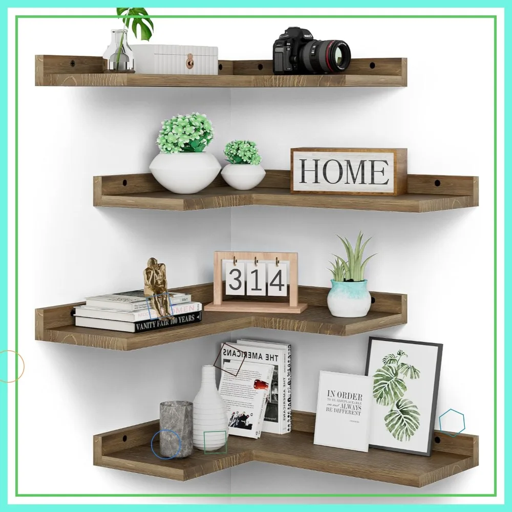 

Set of 4 Rustic Pine Floating Corner Shelves, L-Shaped Wall Mount for Bedroom, Living Room, Bathroom, Kitchen in Light Brown